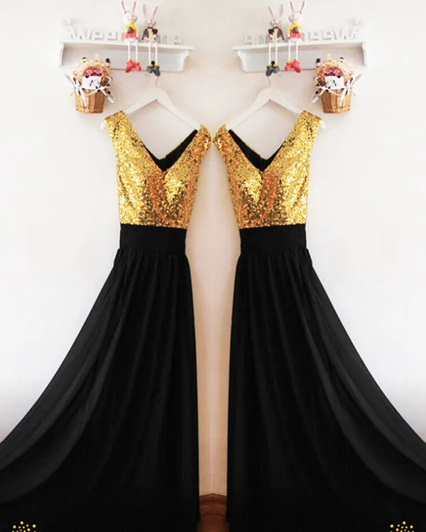 Gold Sequins Black Chiffon Bridesmaid Dresses Ruffles V-Neck Floor Length