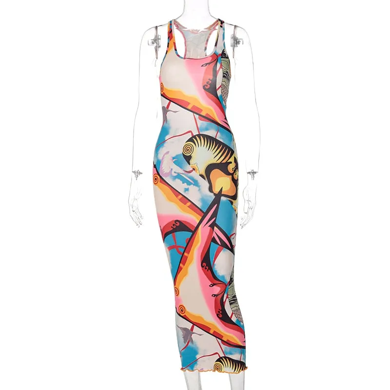 goosudu   Sleeveless Hollow Out Straps Asymmetric Print Backless Ruched Sexy Maxi Dress Summer Women Streetwear Y2K