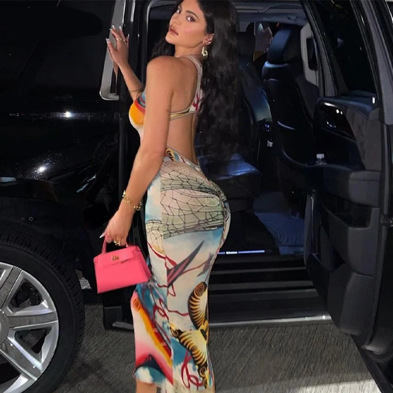 goosudu   Sleeveless Hollow Out Straps Asymmetric Print Backless Ruched Sexy Maxi Dress Summer Women Streetwear Y2K