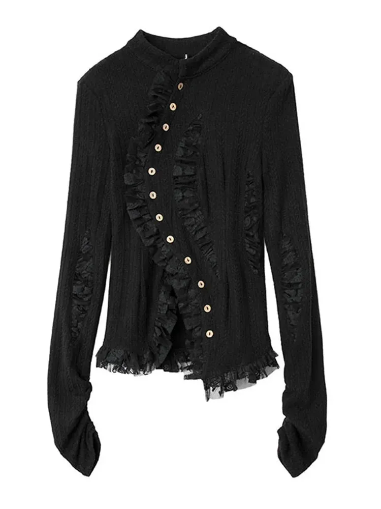 Gothic Irregular Lace-Inset Cardigan – Button Closure, Dark Romantic Style
