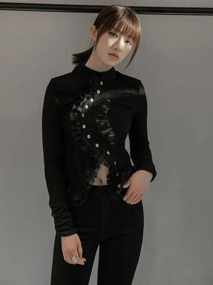 Gothic Irregular Lace-Inset Cardigan – Button Closure, Dark Romantic Style