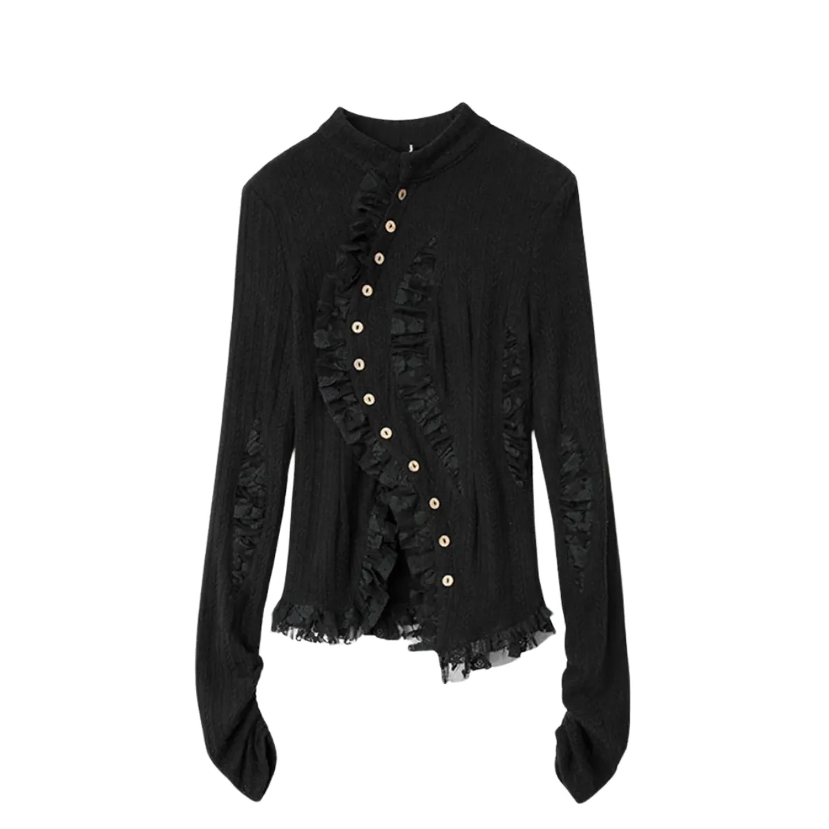 Gothic Irregular Lace-Inset Cardigan – Button Closure, Dark Romantic Style