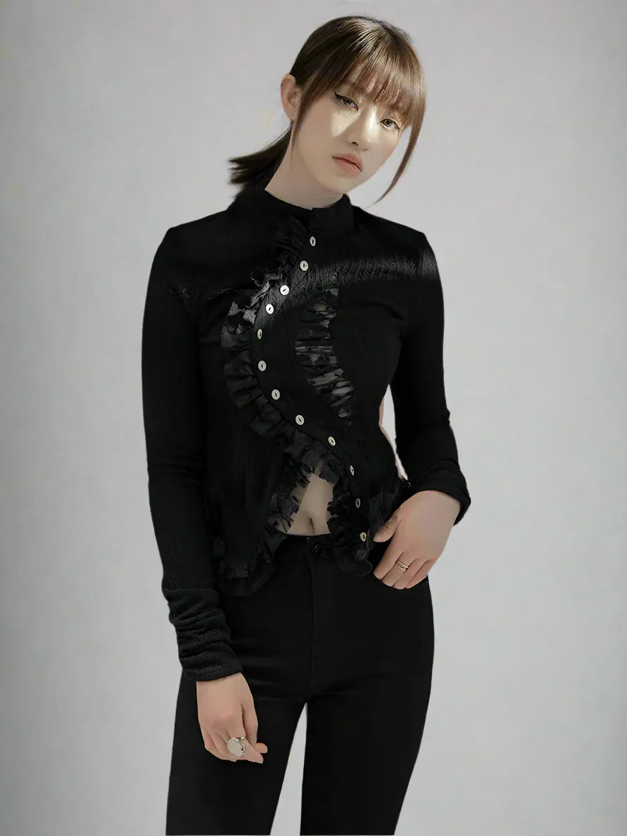 Gothic Irregular Lace-Inset Cardigan – Button Closure, Dark Romantic Style