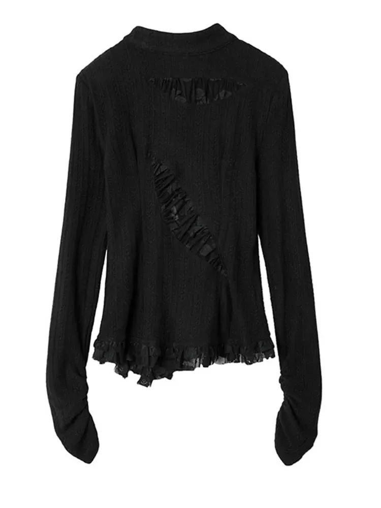 Gothic Irregular Lace-Inset Cardigan – Button Closure, Dark Romantic Style