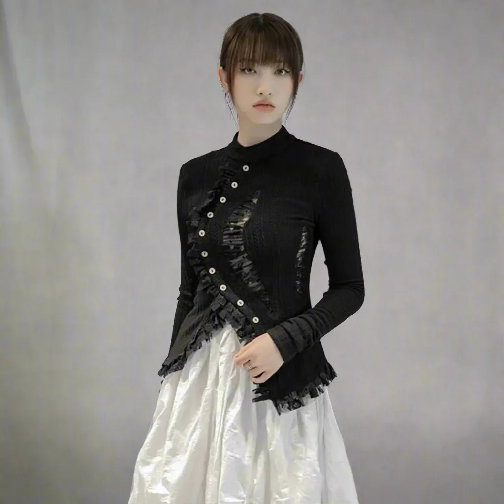 Gothic Irregular Lace-Inset Cardigan – Button Closure, Dark Romantic Style
