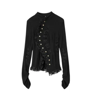 Gothic Irregular Lace-Inset Cardigan – Button Closure, Dark Romantic Style