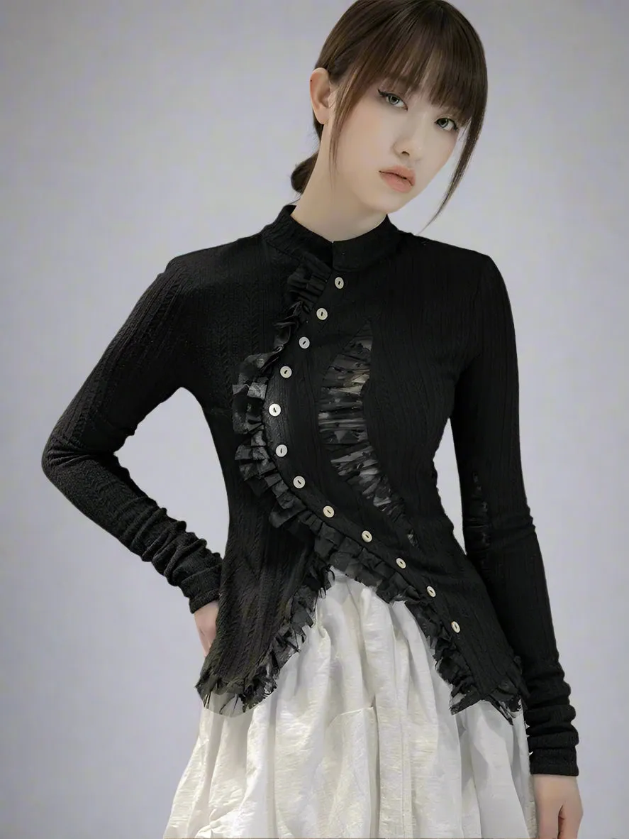 Gothic Irregular Lace-Inset Cardigan – Button Closure, Dark Romantic Style