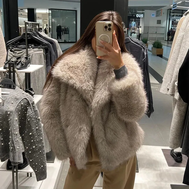 Gradient Fluffy Fur Coat Women High Street Luxury Big Faux Fur Collar Jacket Female Overcoats