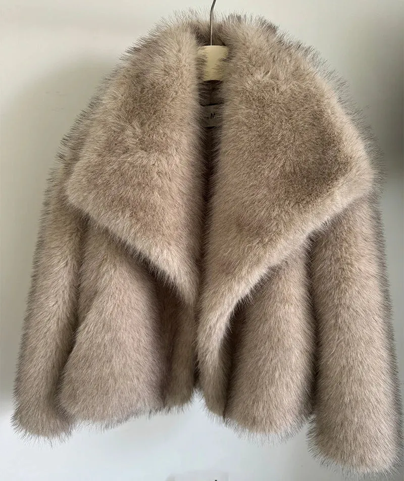 Gradient Fluffy Fur Coat Women High Street Luxury Big Faux Fur Collar Jacket Female Overcoats