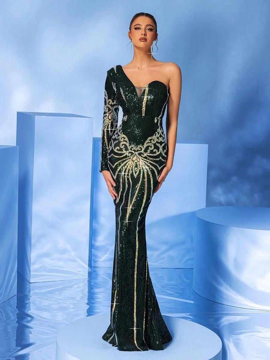 Green One Shoulder Sequin Mermaid Prom Dress MYC1042