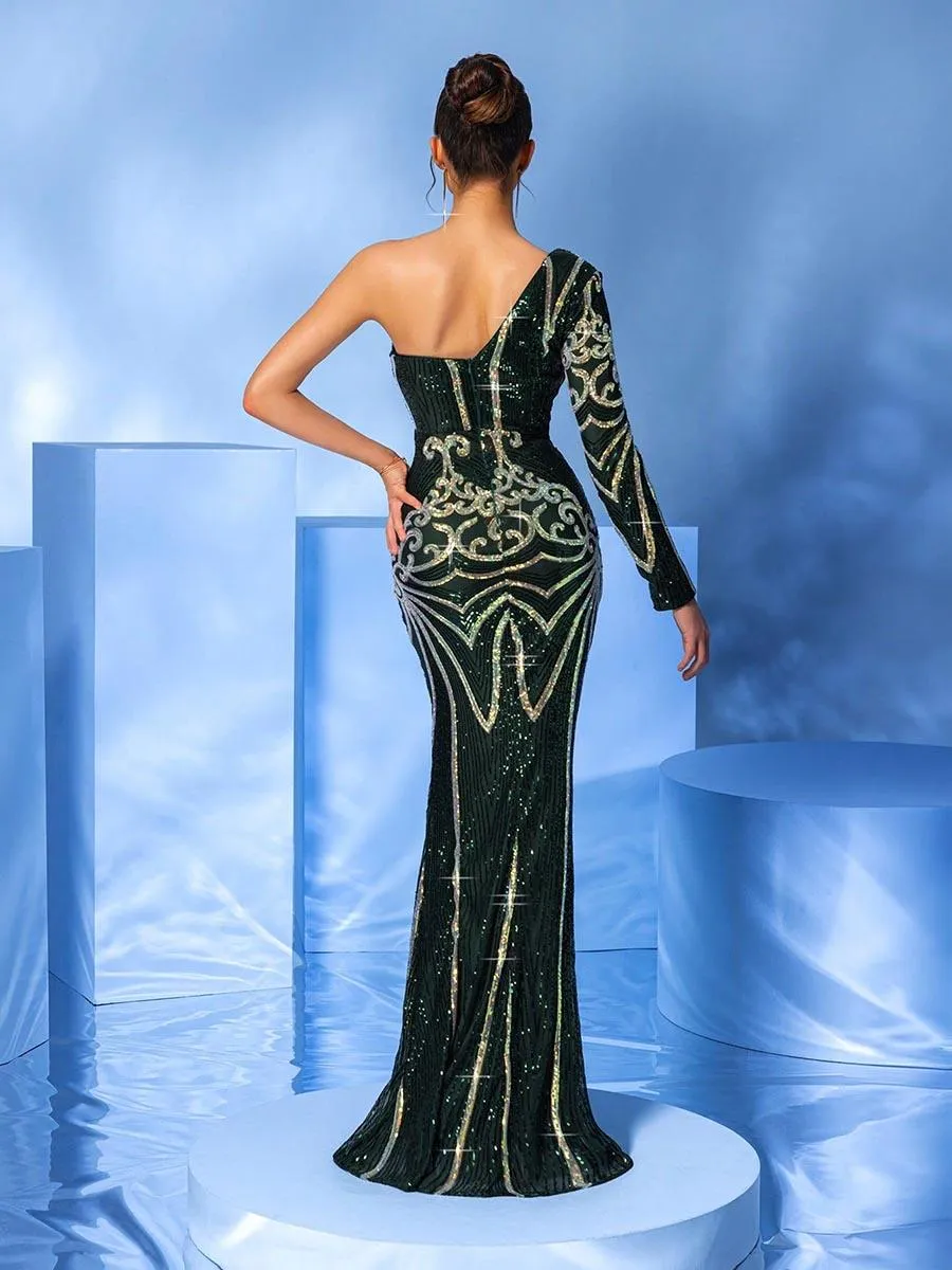 Green One Shoulder Sequin Mermaid Prom Dress MYC1042