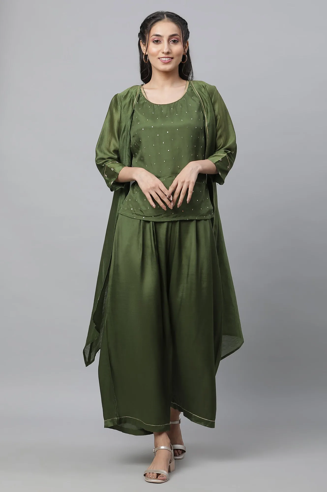 Green Shantung Top, Gilet and Pants Set