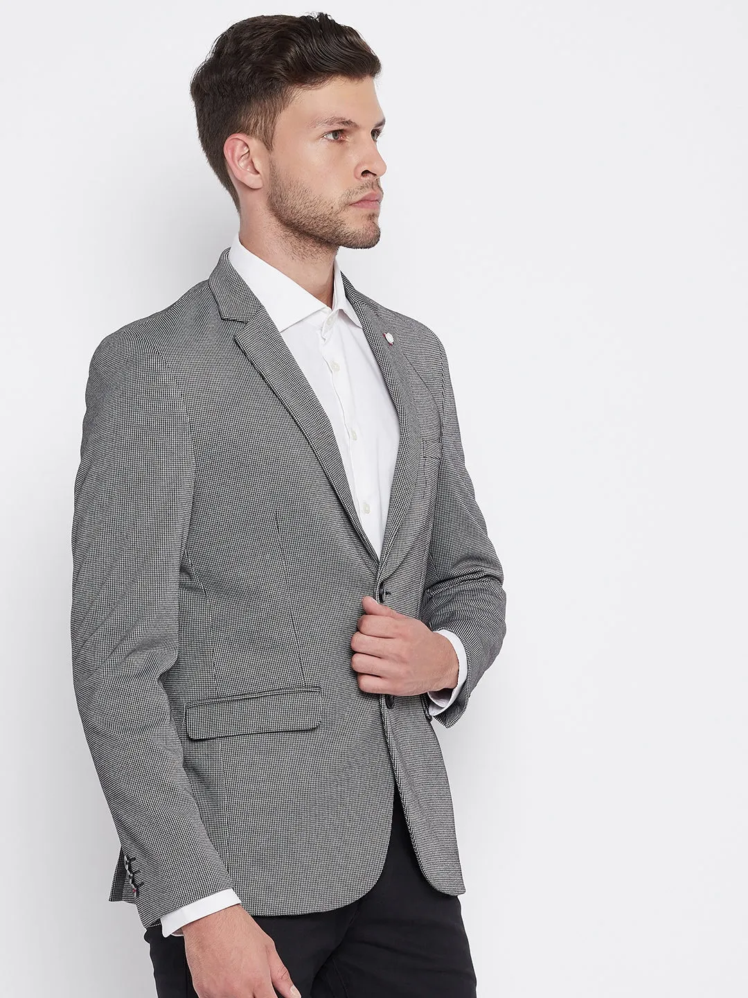 Grey Checked Notched Lapel Blazer