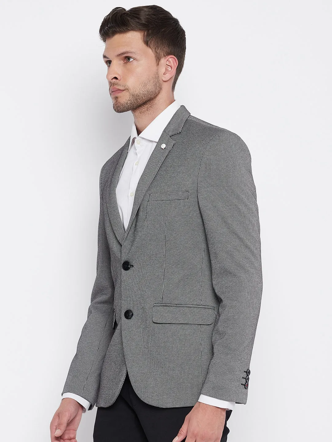 Grey Checked Notched Lapel Blazer