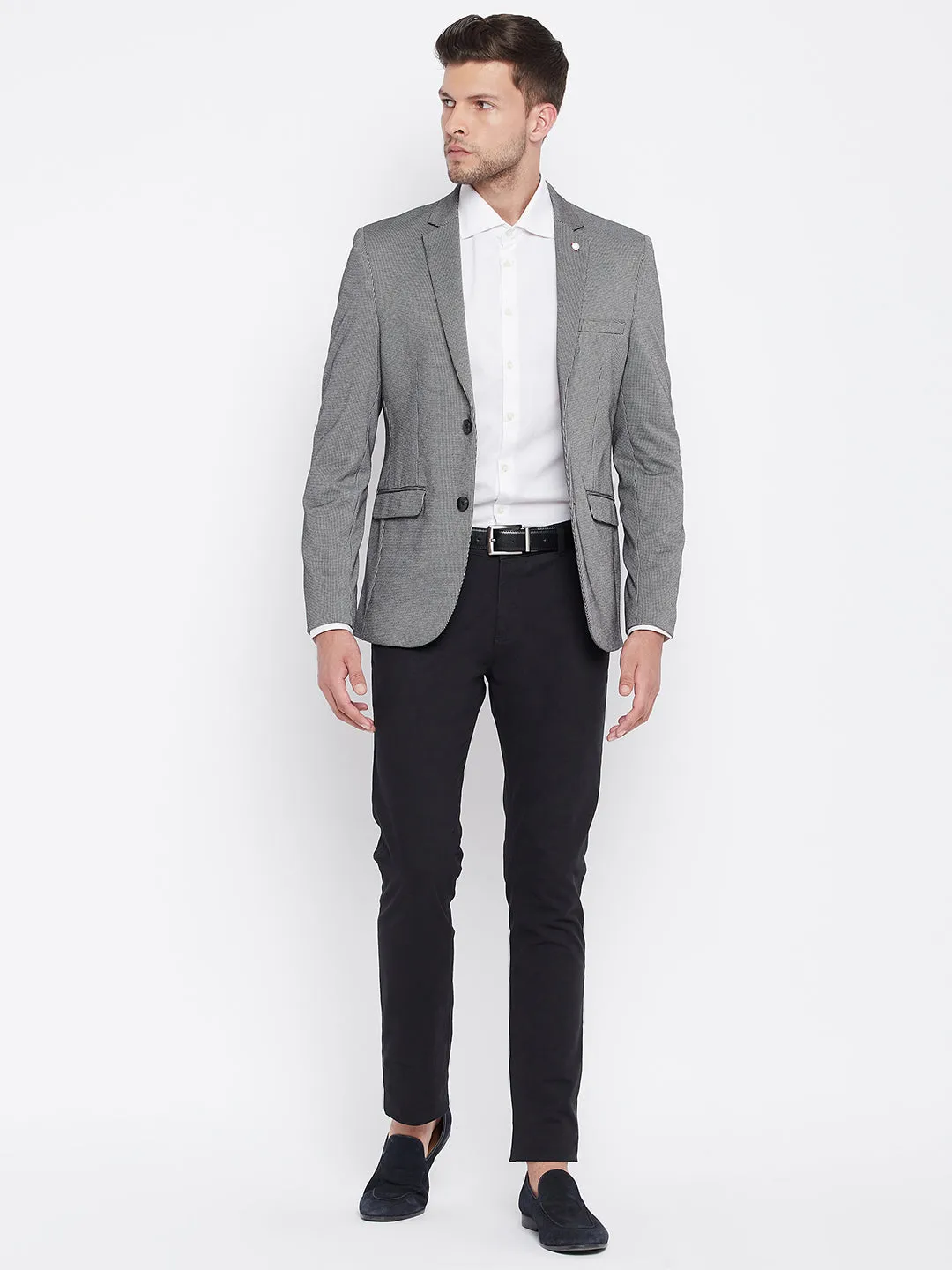 Grey Checked Notched Lapel Blazer