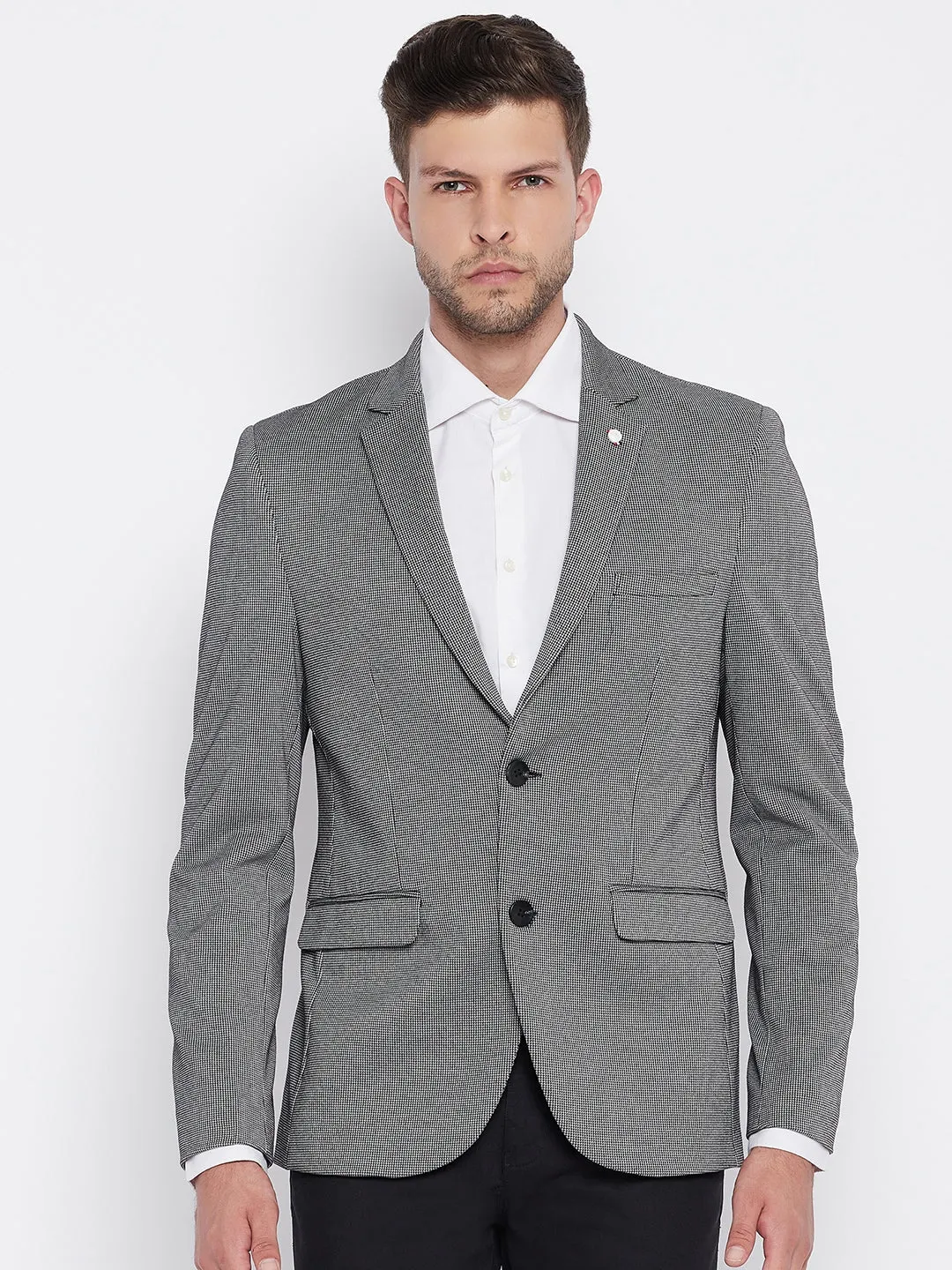 Grey Checked Notched Lapel Blazer
