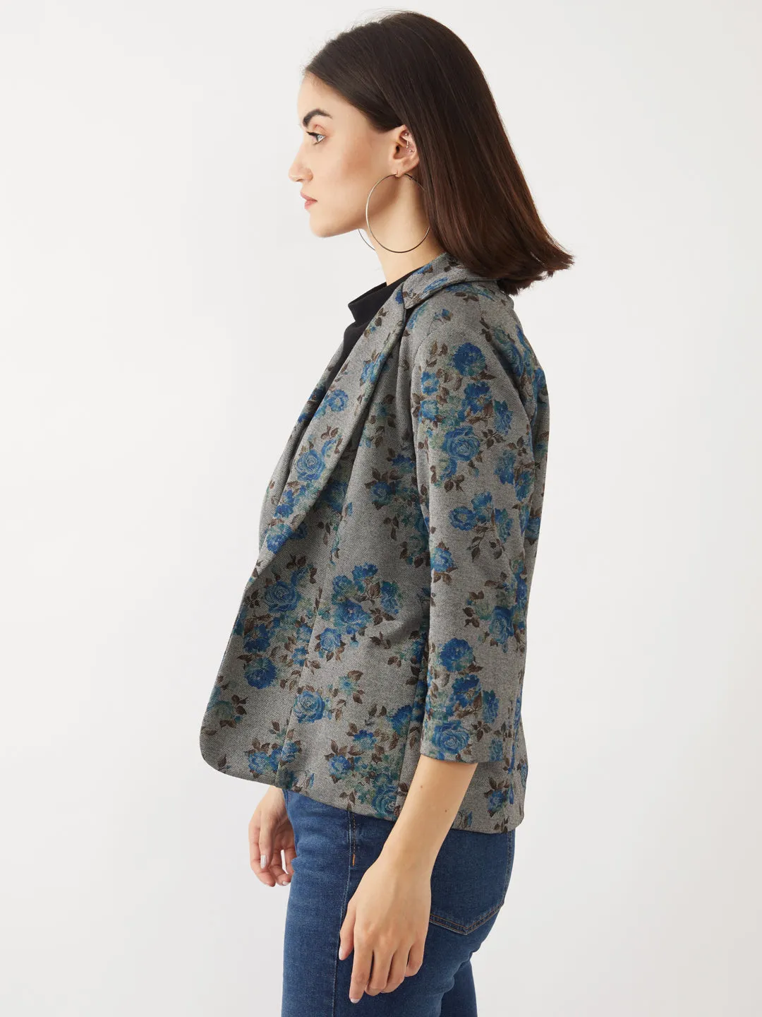 Grey Floral Print Blazer