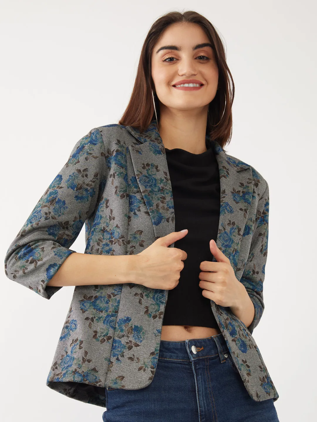 Grey Floral Print Blazer