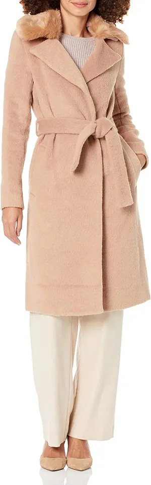 GUESS Women's Long Sleeve Brenda Coat with Faux Fur Collar, Light Rum, Large