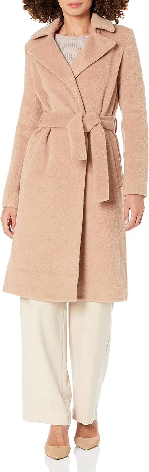 GUESS Women's Long Sleeve Brenda Coat with Faux Fur Collar, Light Rum, Large