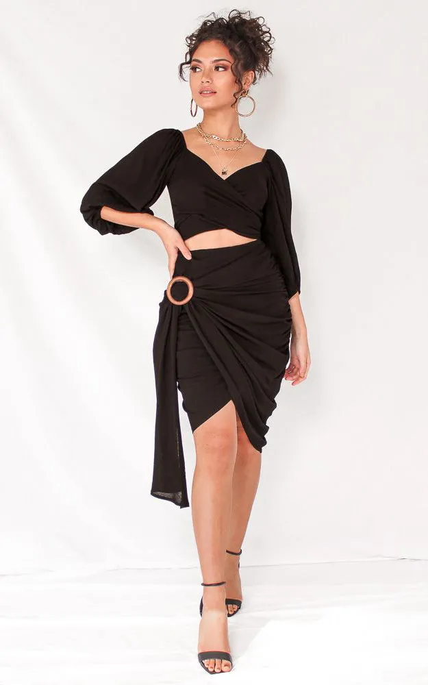 Havana Wrap Midi Skirt - Black