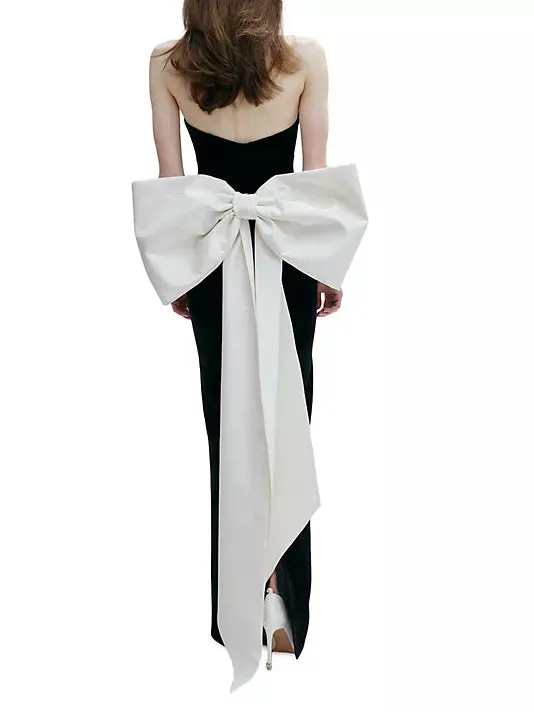 hermosa silk strapless bow gown in black