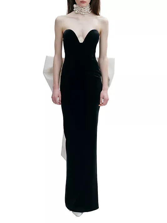 hermosa silk strapless bow gown in black