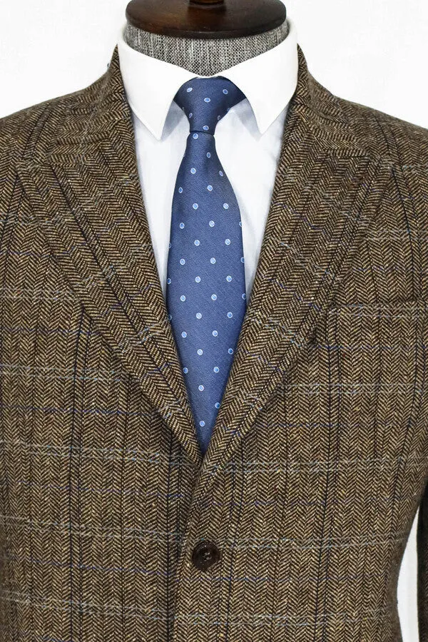 Herringbone Slim Fit Wool Brown Men Blazer - Wessi