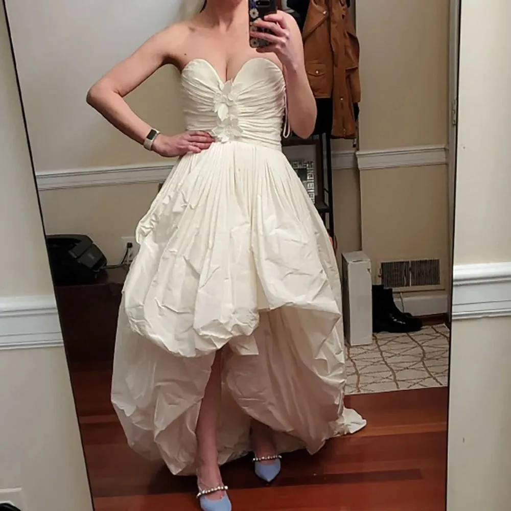 High Low Taffeta Bridal Gowns Illusion Detachable Customized 3D Flowers Sweetheart Ruched Tea Length Irregular Wedding Dress
