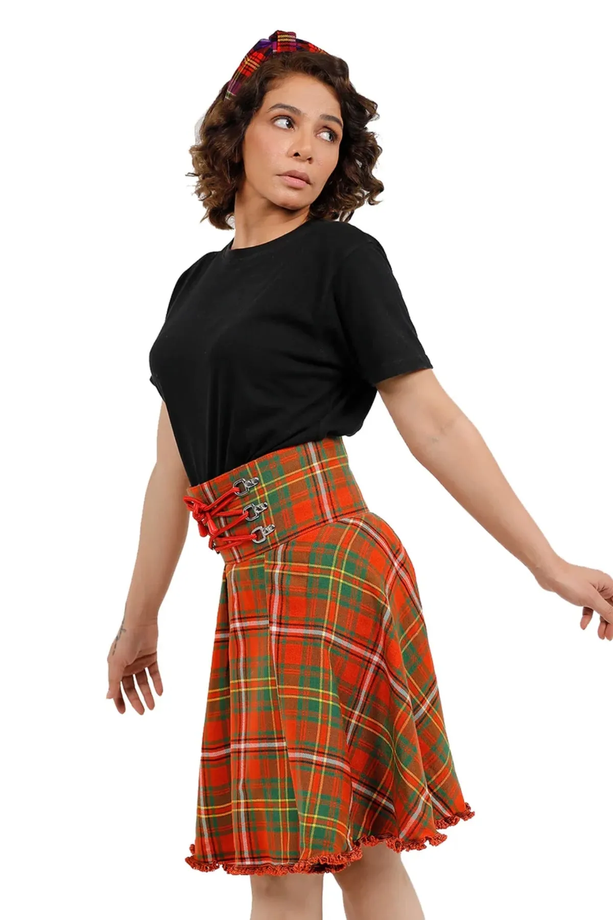 High-Waisted Lace-Up Pleated Plaid Skirt