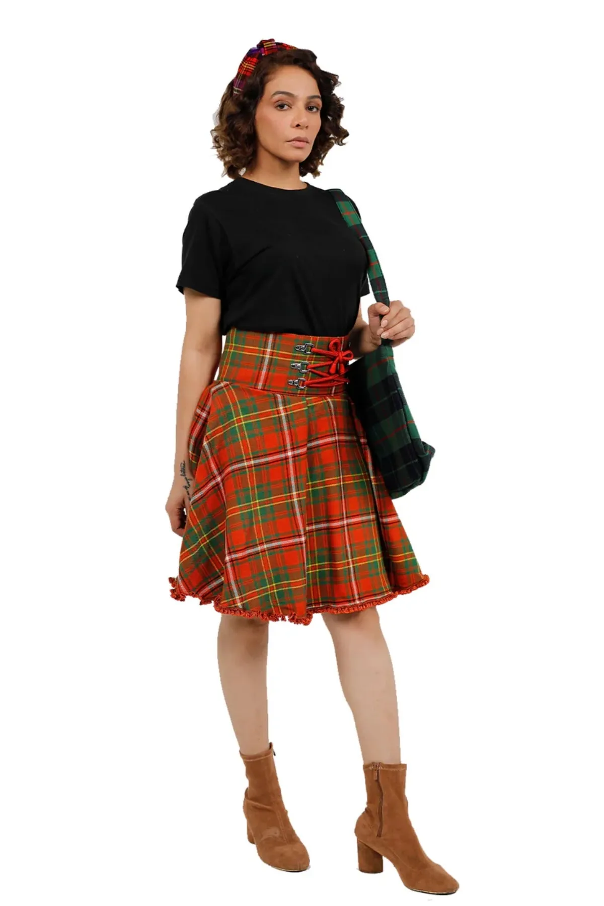 High-Waisted Lace-Up Pleated Plaid Skirt