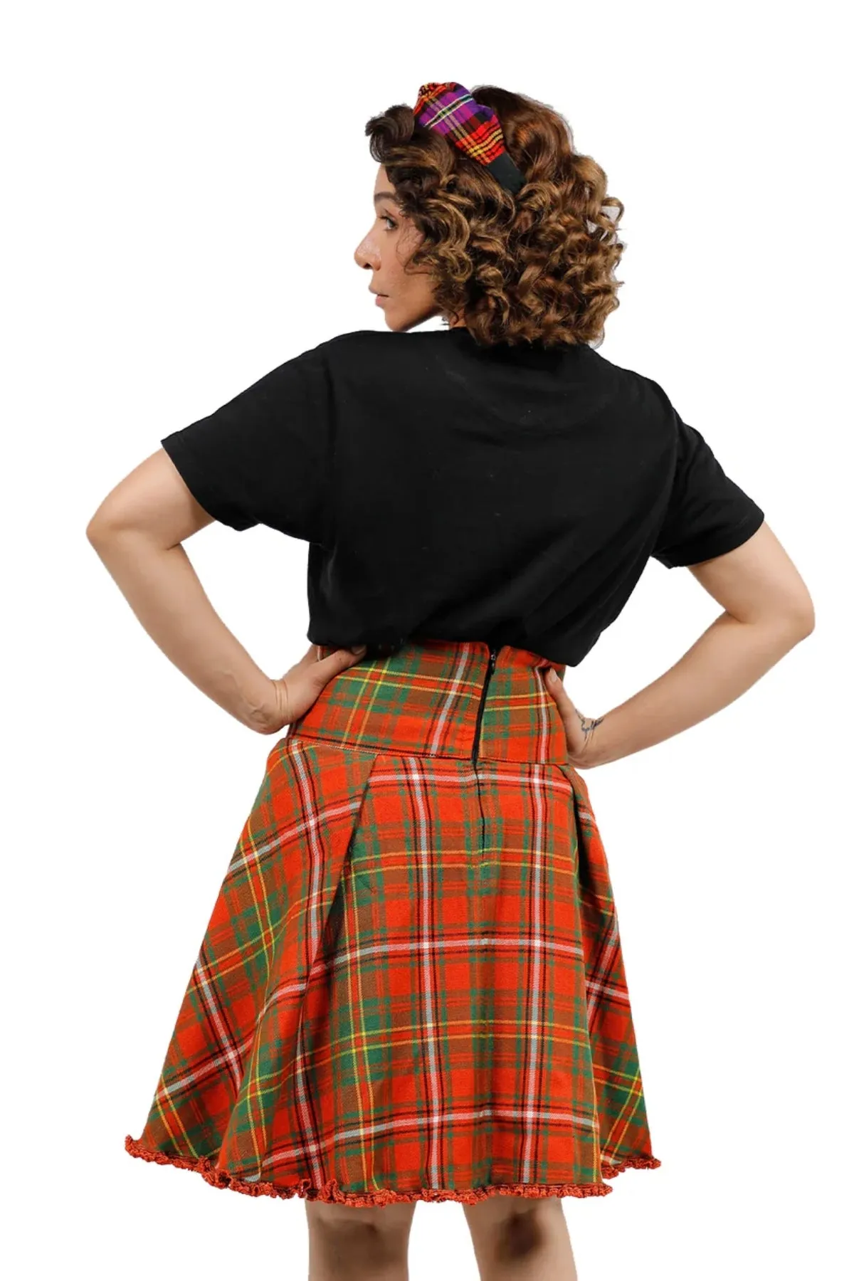 High-Waisted Lace-Up Pleated Plaid Skirt