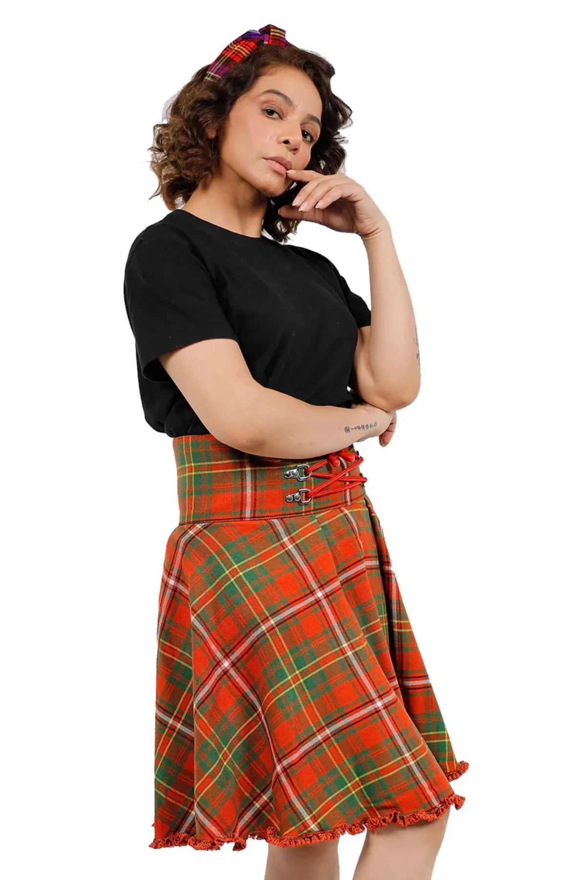 High-Waisted Lace-Up Pleated Plaid Skirt