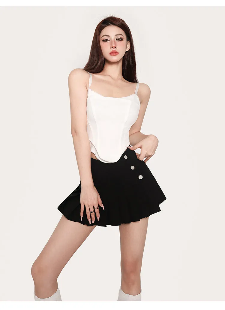 Hilary Solid Color Spaghetti Strap Bustier Top   High Waist Pleated Mini Skirt Matching Set