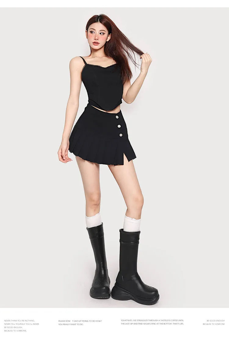 Hilary Solid Color Spaghetti Strap Bustier Top   High Waist Pleated Mini Skirt Matching Set