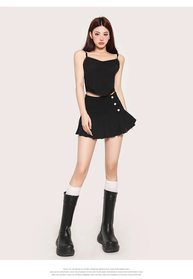 Hilary Solid Color Spaghetti Strap Bustier Top   High Waist Pleated Mini Skirt Matching Set