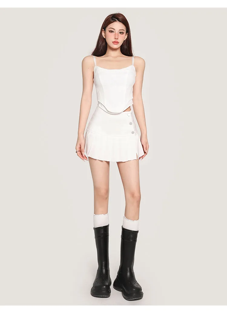 Hilary Solid Color Spaghetti Strap Bustier Top   High Waist Pleated Mini Skirt Matching Set