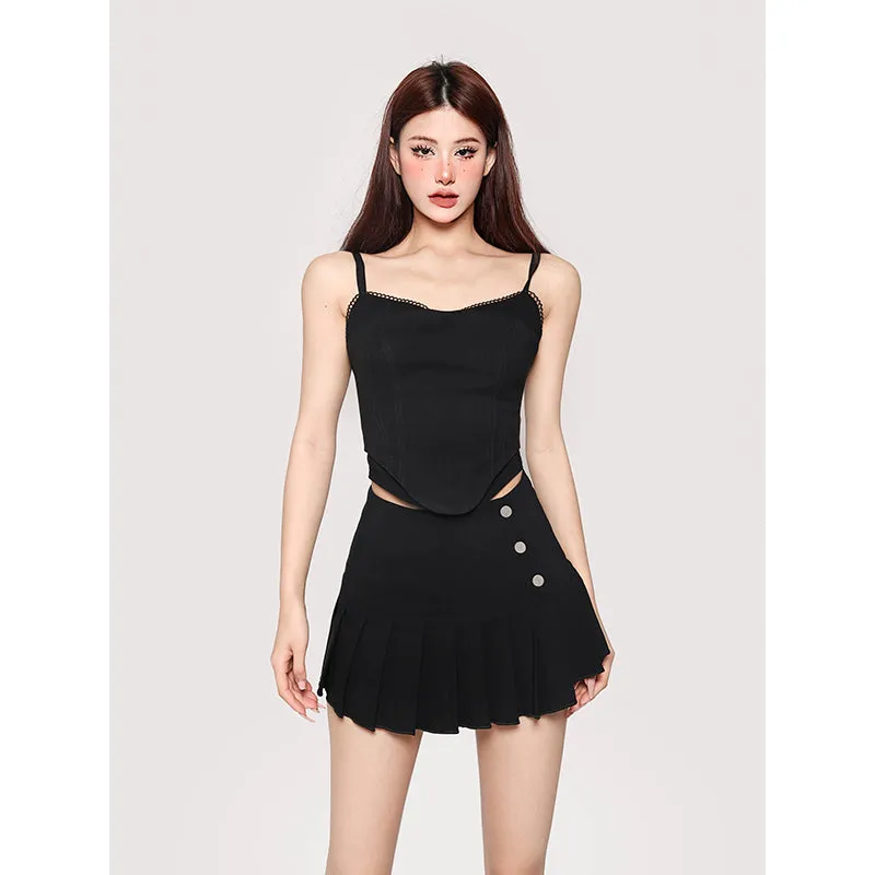 Hilary Solid Color Spaghetti Strap Bustier Top   High Waist Pleated Mini Skirt Matching Set