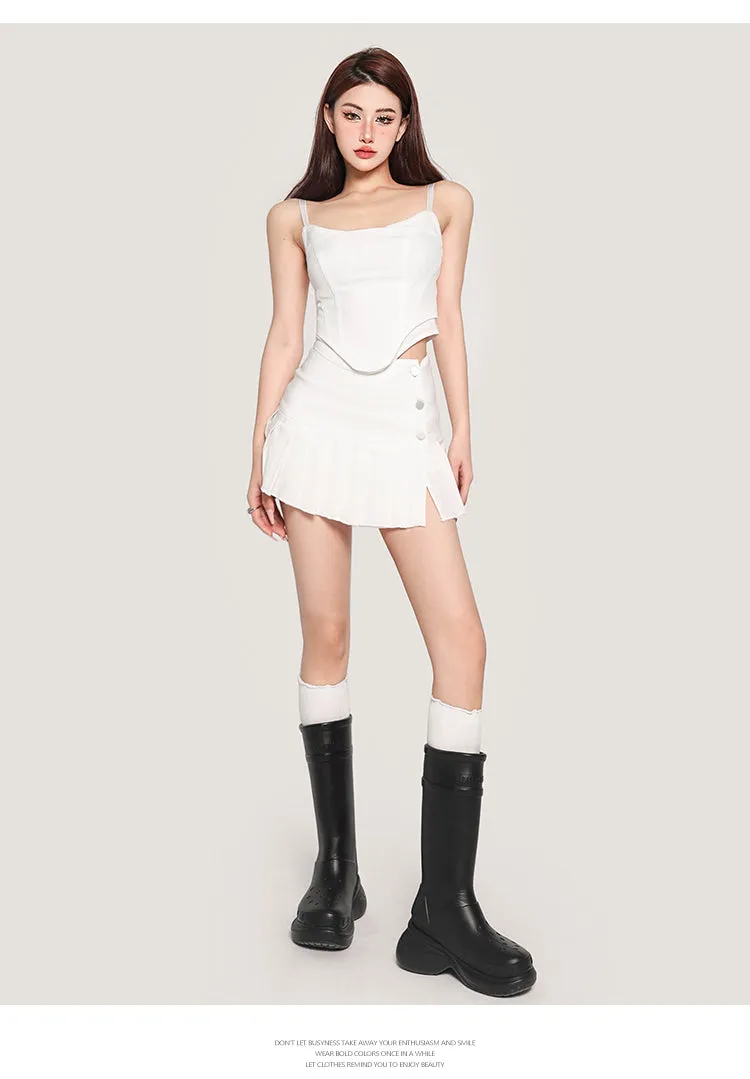 Hilary Solid Color Spaghetti Strap Bustier Top   High Waist Pleated Mini Skirt Matching Set