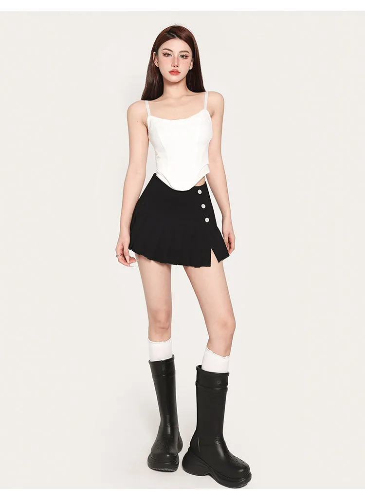 Hilary Solid Color Spaghetti Strap Bustier Top   High Waist Pleated Mini Skirt Matching Set