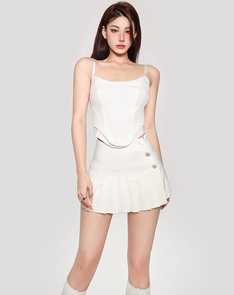 Hilary Solid Color Spaghetti Strap Bustier Top   High Waist Pleated Mini Skirt Matching Set