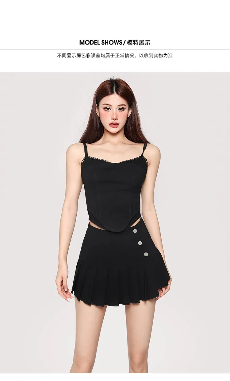 Hilary Solid Color Spaghetti Strap Bustier Top   High Waist Pleated Mini Skirt Matching Set