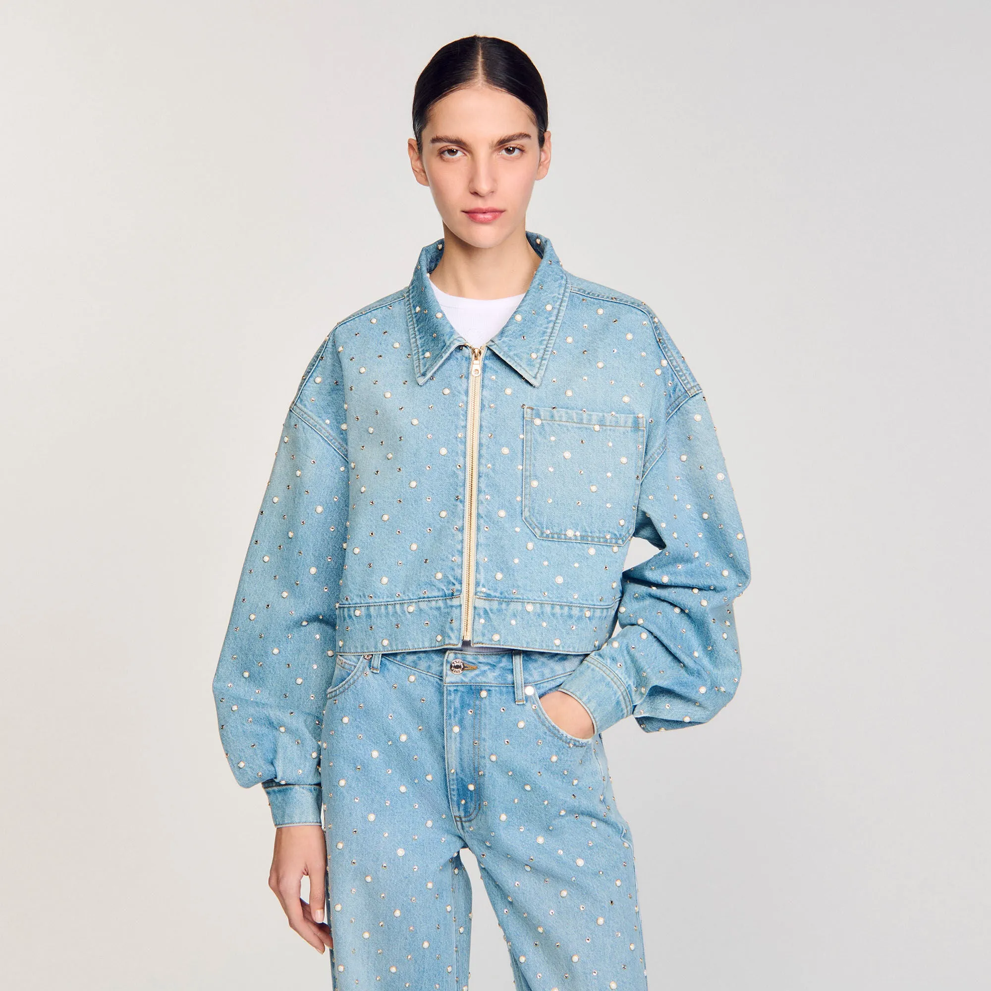 Hopkins Beaded And Rhinestone Denim Jacket Blue Jean