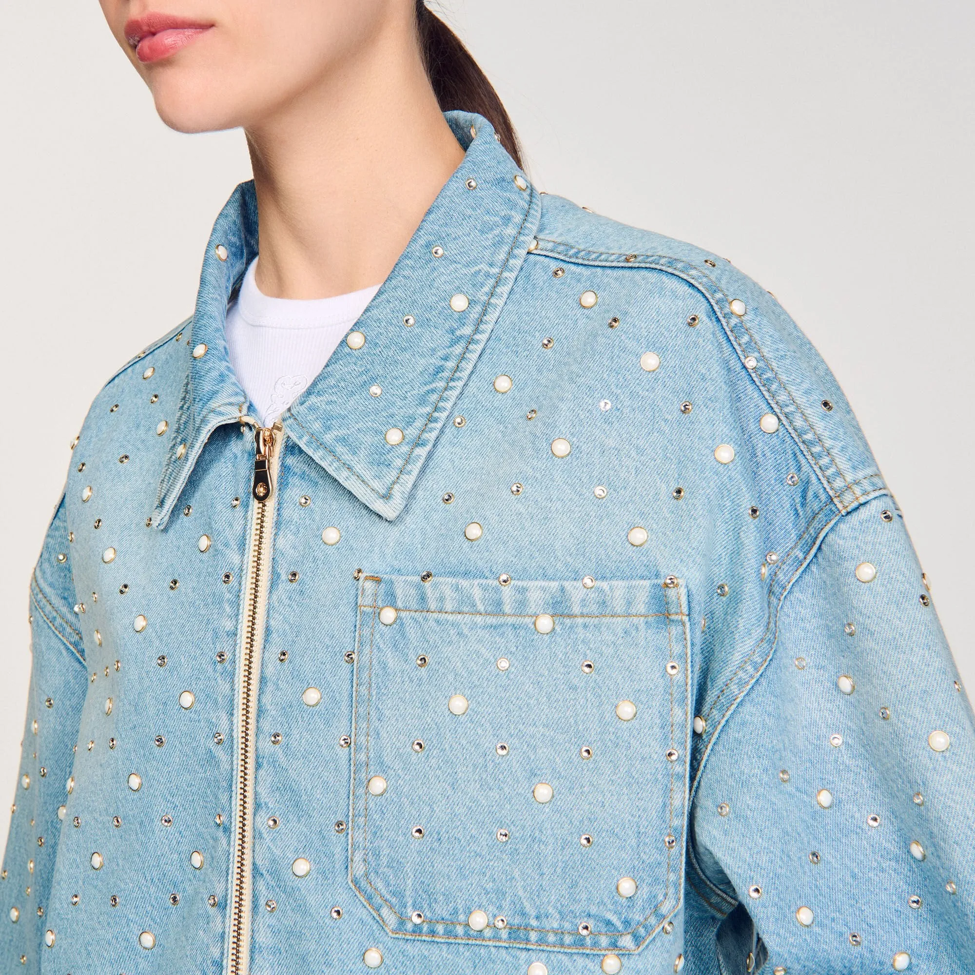 Hopkins Beaded And Rhinestone Denim Jacket Blue Jean