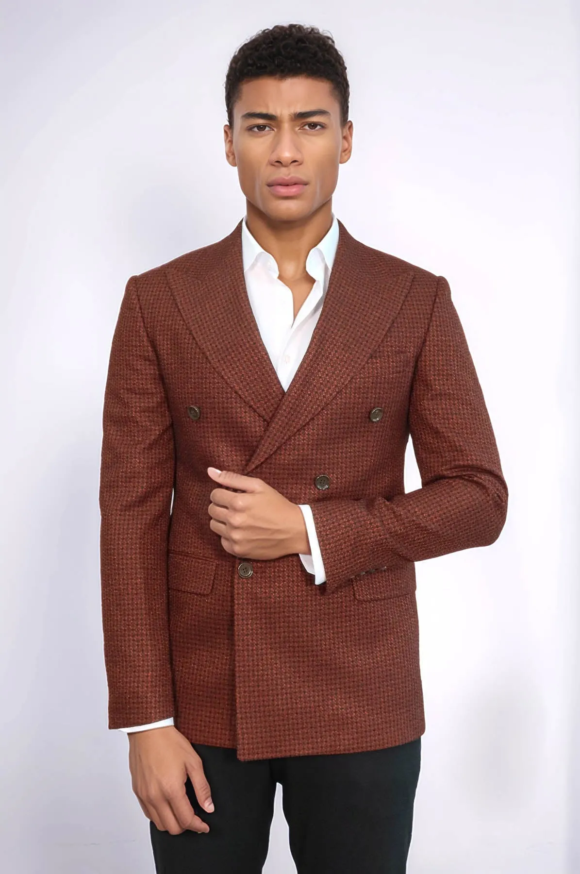 Houndstooth Patterned Brown Men Double Breasted Blazer - Wessi