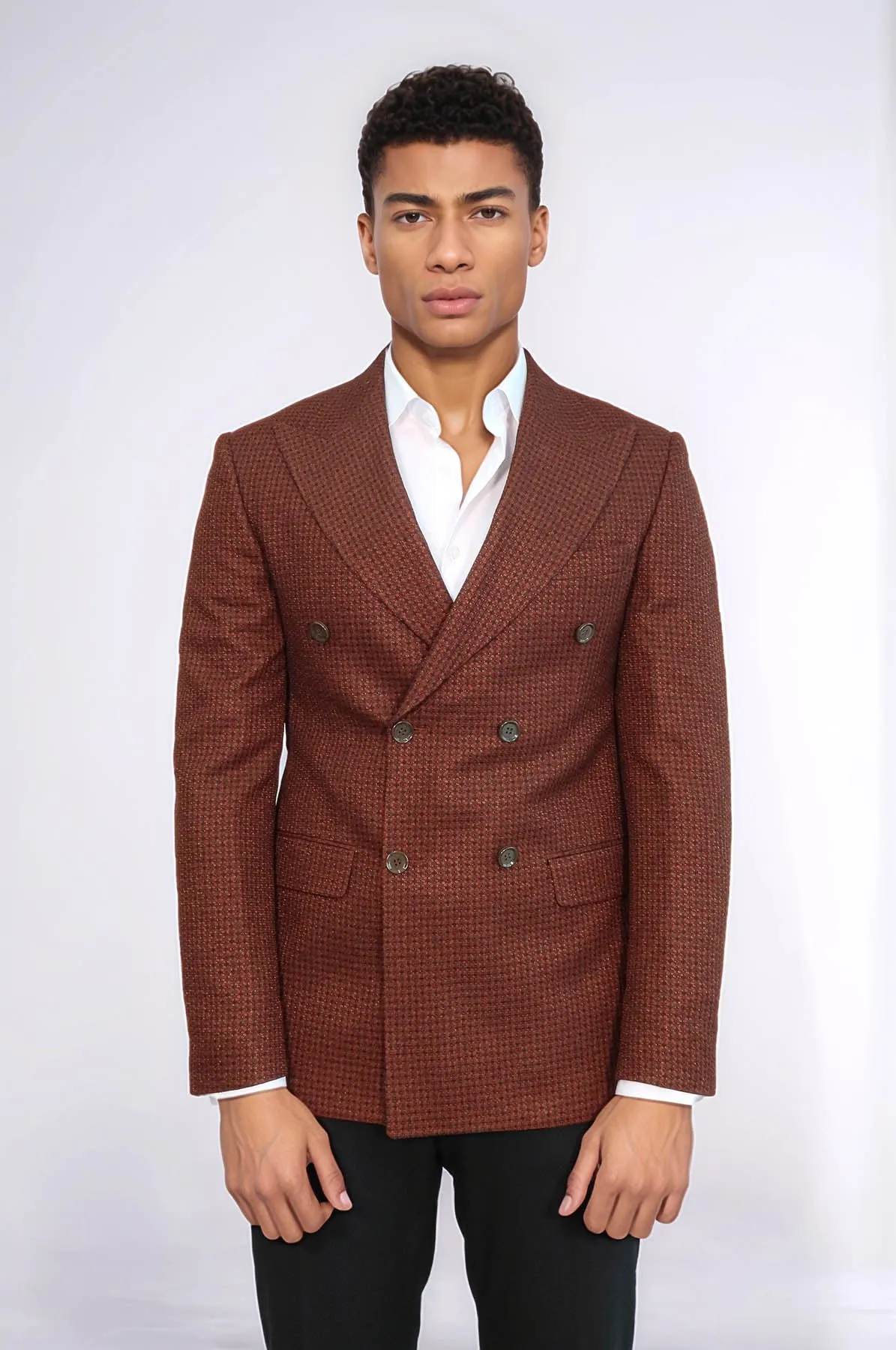 Houndstooth Patterned Brown Men Double Breasted Blazer - Wessi