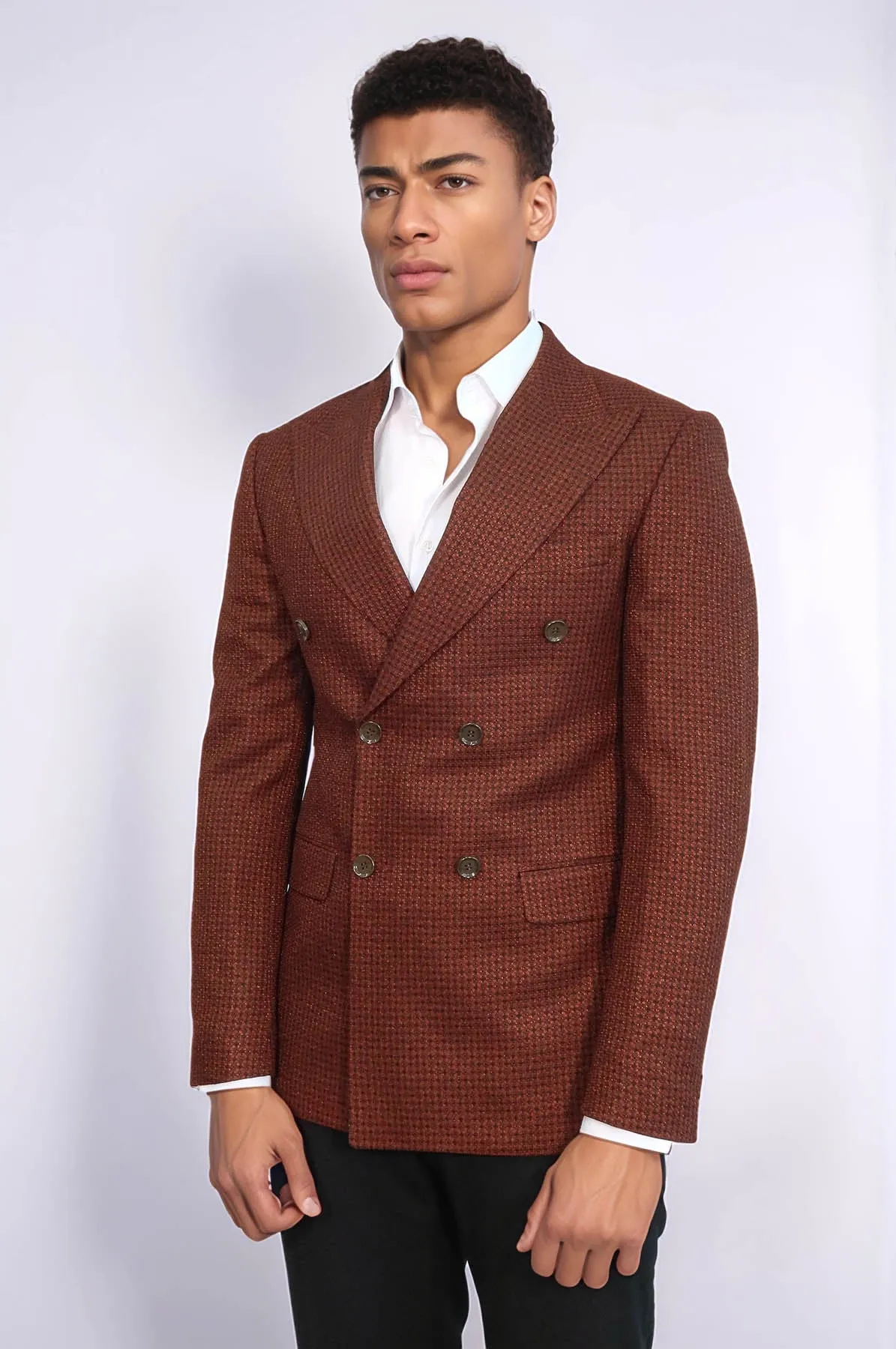 Houndstooth Patterned Brown Men Double Breasted Blazer - Wessi