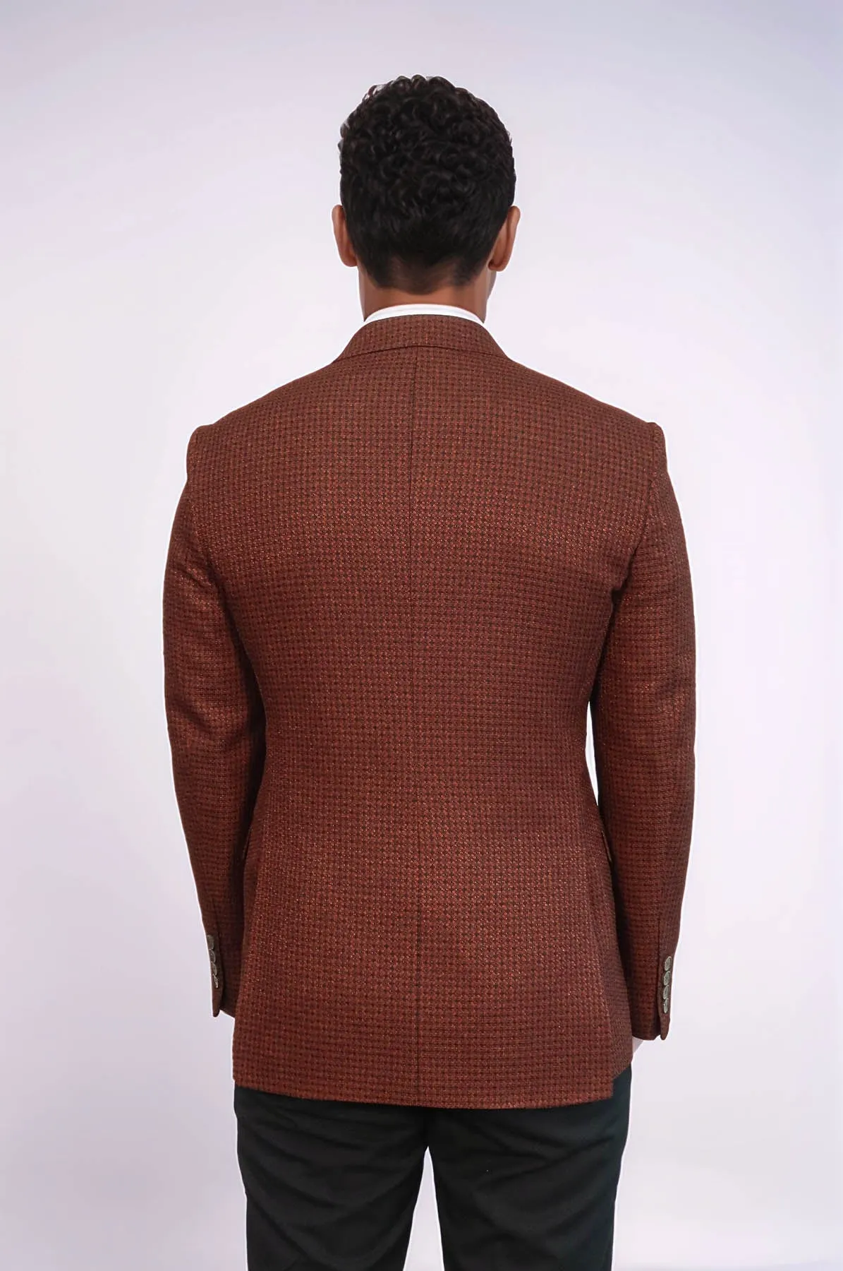 Houndstooth Patterned Brown Men Double Breasted Blazer - Wessi