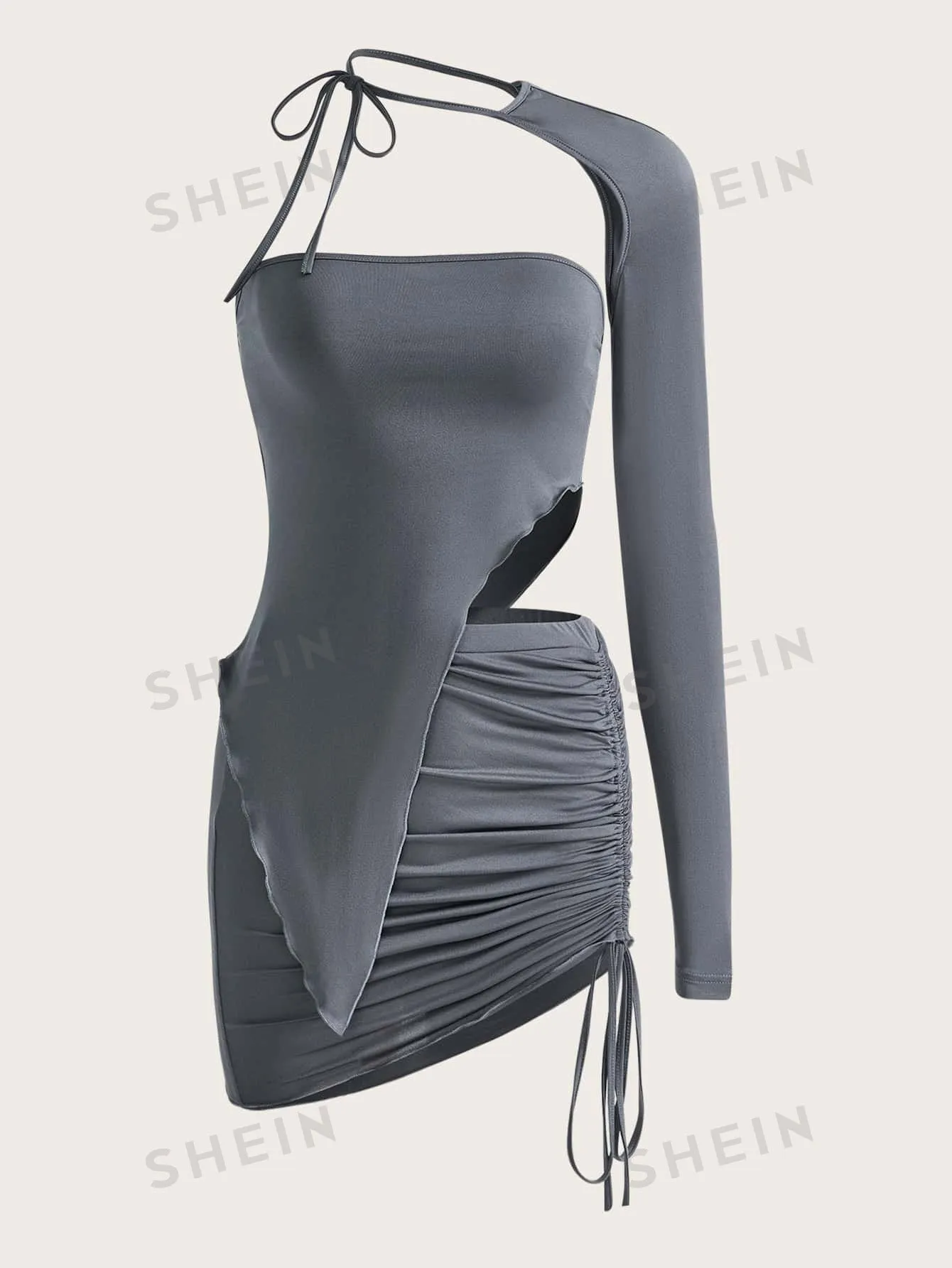 ICON Two Piece Solid Asymmetrical Tube Top & Drawstring Side Skirt With One Sleeve