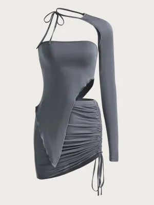 ICON Two Piece Solid Asymmetrical Tube Top & Drawstring Side Skirt With One Sleeve